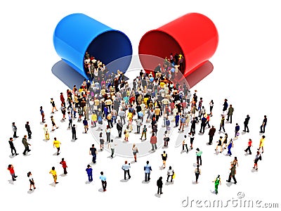 People with addictions to pills concept.Large group of people walking towards and into an open pill capsule medication or drug Stock Photo