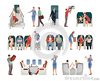 People In Airplane Set Vector Illustration