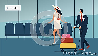 People in the airport duty free zone, rest before boarding on the plane. Vector Illustration