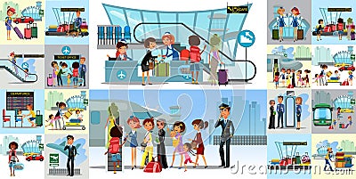 People in airport flat color icons set of pilot stewardess tourists with travel bags at checkpoint and security Vector Illustration