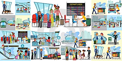 People in airport flat color icons set of pilot stewardess tourists with travel bags at checkpoint and security Vector Illustration