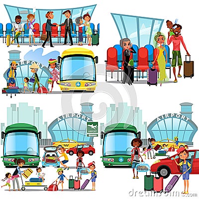 People in airport flat color icons set of pilot stewardess tourists with travel bags at checkpoint and security Vector Illustration