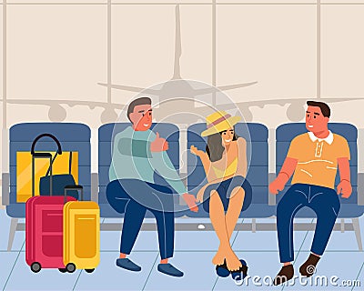 People in airport. Men and woman sitting with luggage in vestibule. Young characters talking. Tourists waiting for Vector Illustration