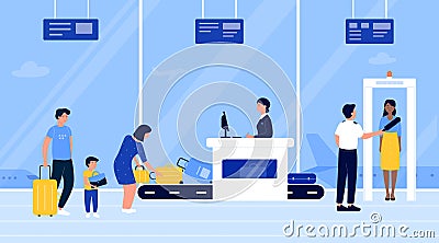People in airport security check vector illustration, cartoon flat passengers put luggage baggage on conveyor belt Vector Illustration