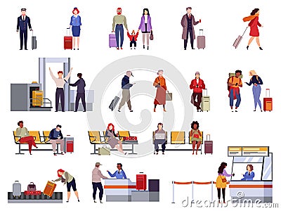 People airport set. Family travel registration passport control checkpoint security airport terminal luggage passenger Vector Illustration