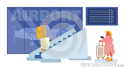 People in Airport Terminal Concept. Passenger Going Up by Moving Staircase in Hall, Woman with Baggage Waiting Departure Vector Illustration