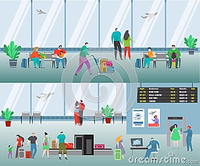 People in airport vector illustration. Cartoon flat man woman travel characters with baggage waiting flight, family Vector Illustration