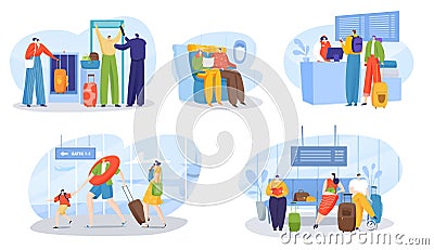People in airport vector illustration set, cartoon flat man woman traveller characters with luggage waiting, family Vector Illustration