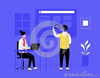 People analyze and validate business processes. Male employee reviewing and checking data. Financial and technical Vector Illustration