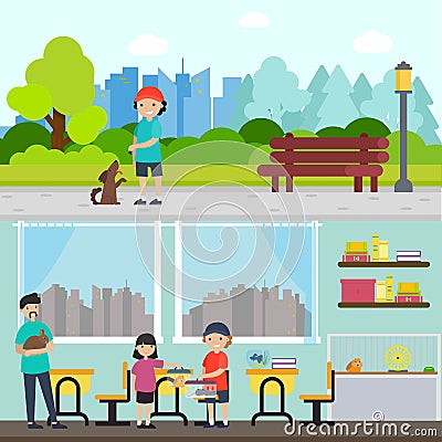 People And Animals Horizontal Banners Vector Illustration