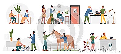 People with animals in veterinary office clinic, pet owners visit veterinarian doctor Vector Illustration