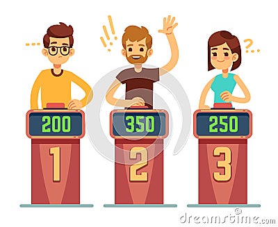 People answering questions and pressing buttons on quiz show. Conundrum game competition vector concept Vector Illustration