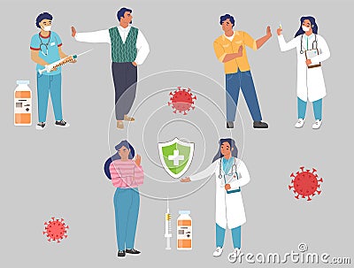 People anti vaxxers refusing covid-19 vaccine injection. Vaccine hesitancy. Anti vax. Anti vaccination campaign, vector. Vector Illustration