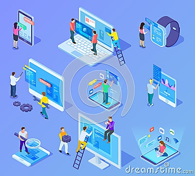 People and app interfaces isometric concept. Users and developers work with mobile phone and computer ui. 3d vector Vector Illustration