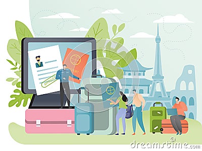 People apply for visa to travel abroad, tourist passport concept, document security control, vector illustration Vector Illustration