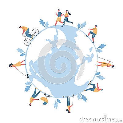 People around the map of world. Healthy lifestyle concept. Men and women are resting Vector Illustration