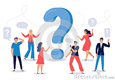 People ask question. Confused person asking questions, crowd finding answers and question sign vector illustration Vector Illustration