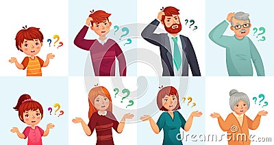 People ask questions, doubt or confused. Man and woman, children thinking or hesitating with question marks Vector Illustration