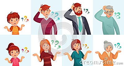 People ask questions, doubt or confused. Man and woman, children thinking or hesitating with question marks Vector Illustration