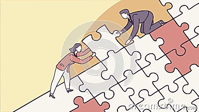 People assembling large puzzle, teamwork problem solving collaboration vector design Generative AI Vector Illustration