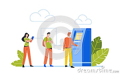 People at Automated Teller Machine Making Transaction, Atm Banking Services. Male and Female Clients Characters in Line Vector Illustration