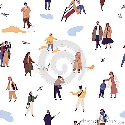 People in autumn clothes or outerwear seamless pattern. Man, woman and children walking on street and performing outdoor Vector Illustration