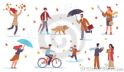 People in autumn. Men, women and kids walk in fall season with umbrellas in rain among yellow leaves and puddles, riding Vector Illustration