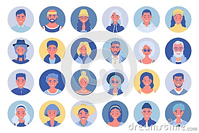 People avatar bundle set. User portraits. Different human face icons. Male and female characters. Smiling men and women characters Vector Illustration