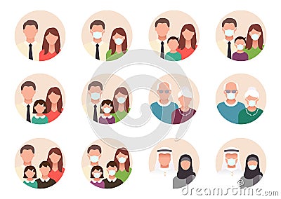 People avatar flat icons. Vector illustration included icon as man, female head, muslim, senior, familes and couples Vector Illustration