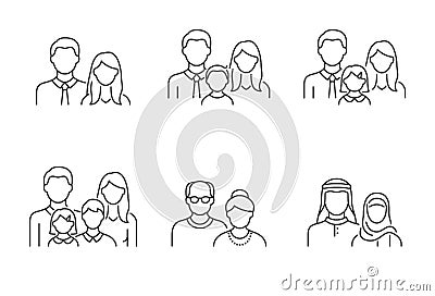People avatar flat icons. Vector illustration included icon as man, female head, muslim, senior, familes and couples Vector Illustration
