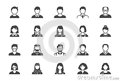 People avatar flat icons. Vector illustration included icon as old man, female, muslim, senior, adult businessman and Vector Illustration