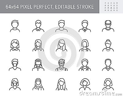 People avatar line icons. Vector illustration included icon as man, female, muslim, senior, adult and young human Vector Illustration