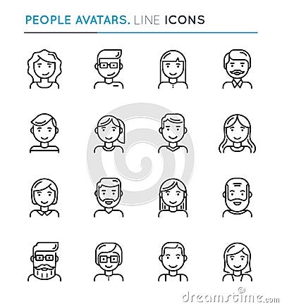 People avatars thin line icon set. Editable stroke. Vector Illustration