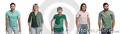 People with axillary crutches on white background, collage. Banner design Stock Photo