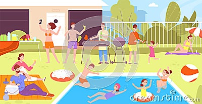 People in backyard pool. Home swimming poolside party, family enjoy summer holidays activity, garden barbecue picnic Vector Illustration