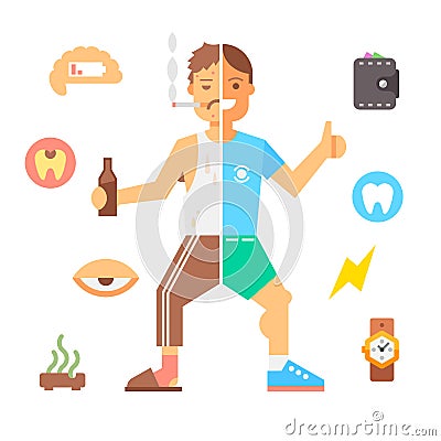 People with bad habits and healthy people Vector Illustration