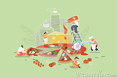 People Baking and Eating Huge Pizza. Male and Female Characters Cut with Knife, Put Ketchup and Cheese Vector Illustration
