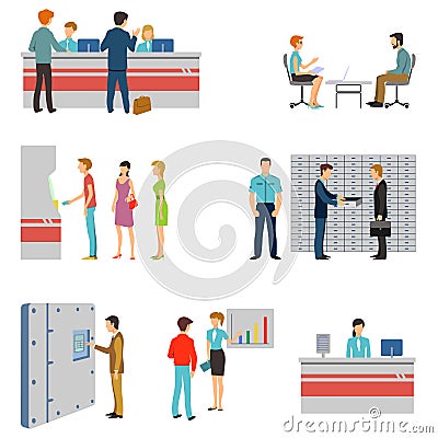 People in a bank interior flat vector icons set Vector Illustration