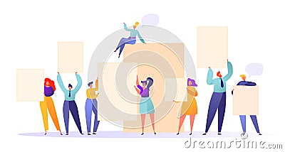Business team holding in hands empty banners. Vector Illustration