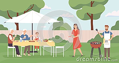 People at barbecue. Happy family, friends spending time in backyard home picnic, cooking grill and talking, leisure Vector Illustration