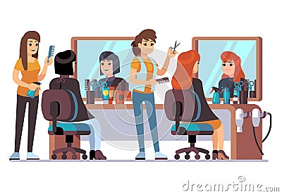 People in barber shop. Hairdresser making female fashion haircut to women clients. Inside hairdressing salon vector Vector Illustration