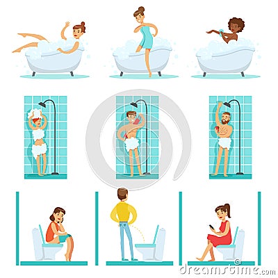 People In The Bathroom Doing Their Routine Hygiene Procedures, Taking Bath, Shower And Using Toilet Vector Illustration