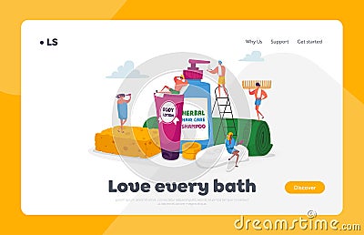 People in Bathroom Landing Page Template. Tiny Characters Washing and Taking Bath among Huge Cosmetics Bottles Vector Illustration