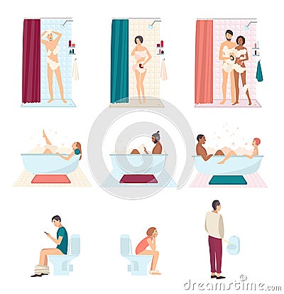 People in bathroom wash and using toilet, everyday hygiene. Couple take a shower, man in a urinal, guy reading Vector Illustration