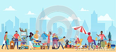 People in bazaar marketplace flea market shopping second hand clothes, vintage furniture and jewelry Vector Illustration