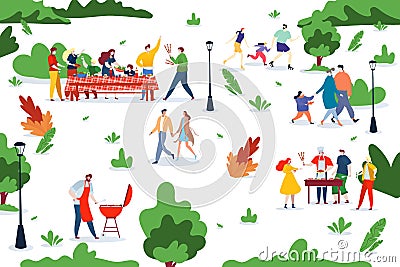 People bbq picnic at nature together, vector illustration. Character man woman eat food at park, cook meat, couple walk. Vector Illustration