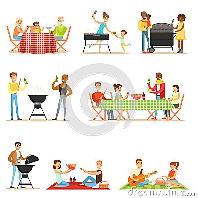 People On BBQ Picnic Outdoors Eating And Cooking Grilled Meat On Electric Barbecue Grill Set Of Scenes Vector Illustration