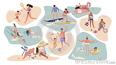 People beach activities. Cartoon characters on summer vacation, surfing swimming sunbathing outdoor scenes Vector Illustration