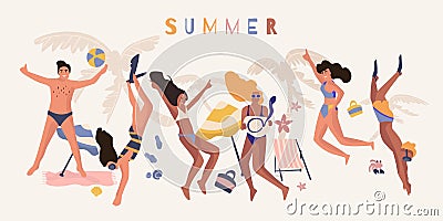 People beach banner. Happy friend on summer vacation cartoon poster, diverse young people on beach party. Vector poster Vector Illustration