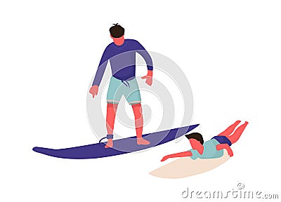 People at beach. Cartoon men surfing. Cute characters swimming together with surfboard. Active leisure pastime and water Cartoon Illustration